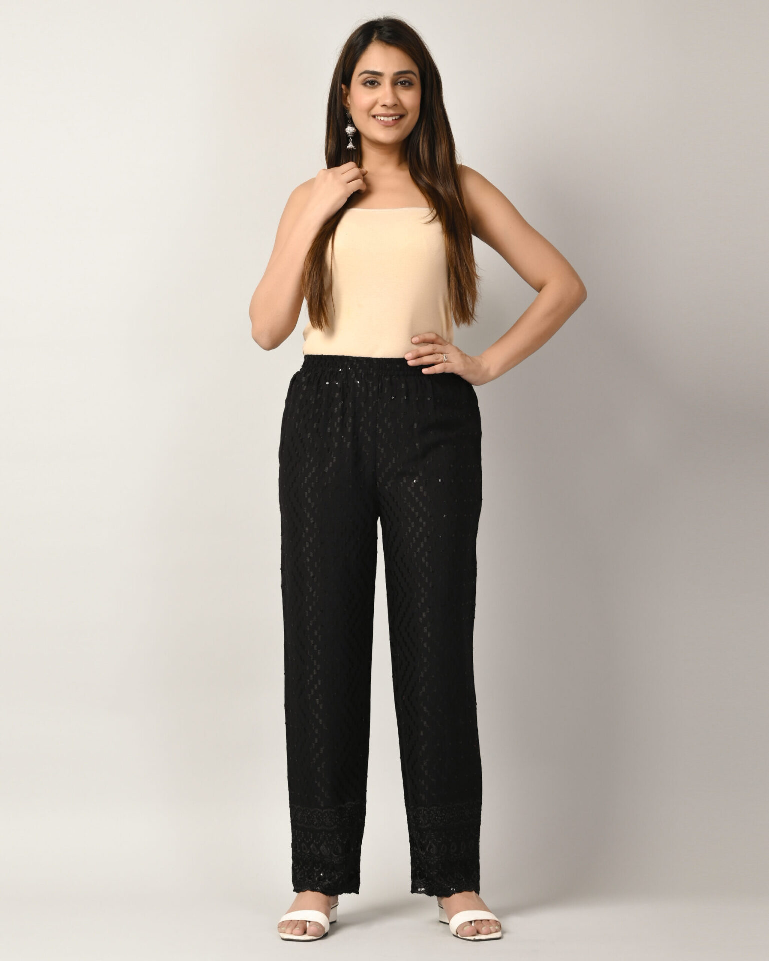Buy Chikankari ankle length trousers (pants) with cut work design on ankle  at